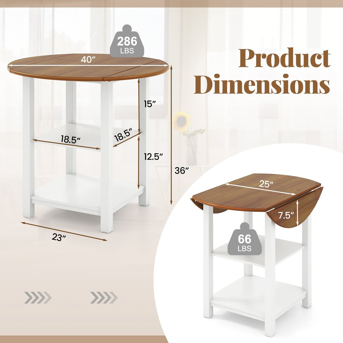 Folding Round Dining Table Drop Leaf Table with 2 Shelves for Small Spaces-White view 5