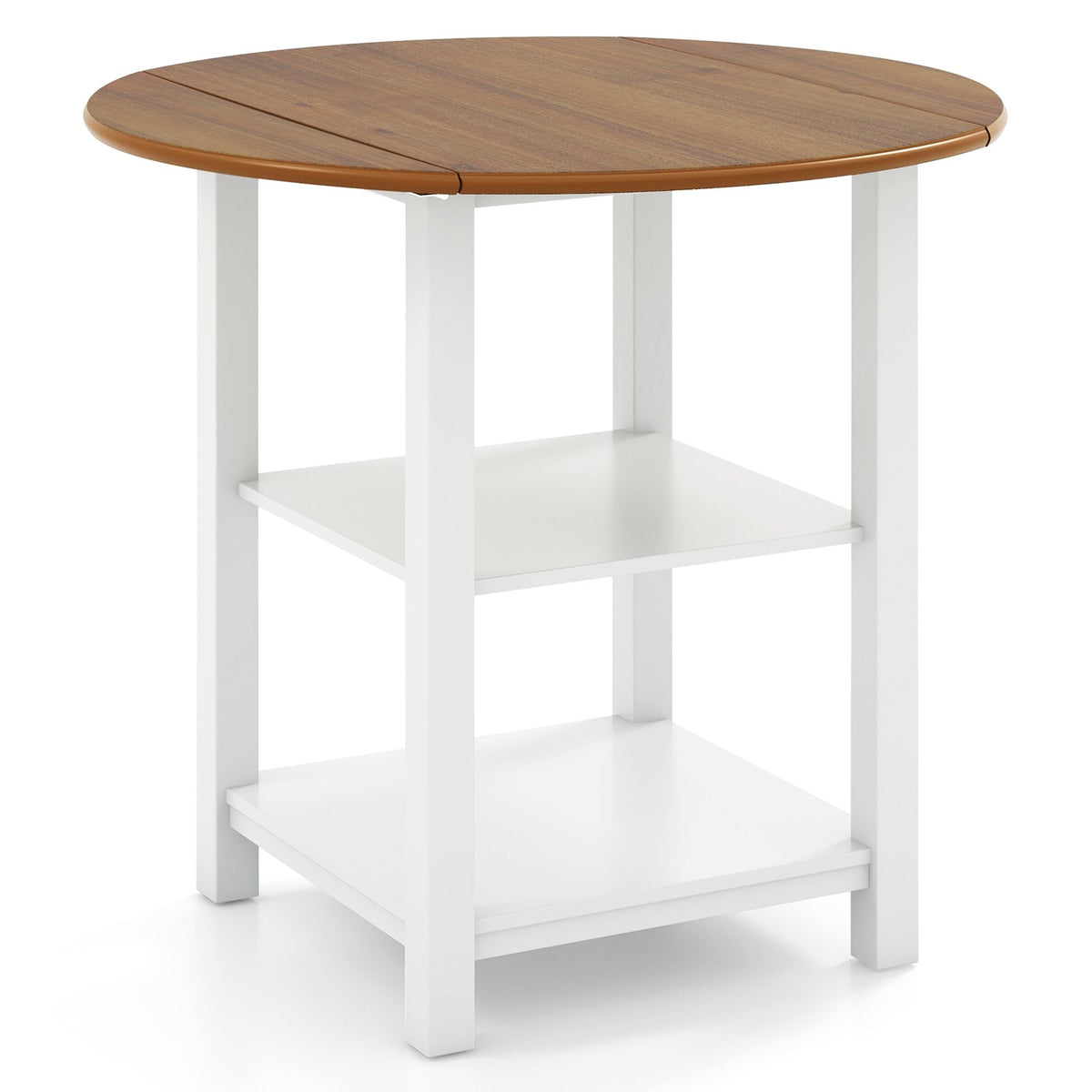 Folding Round Dining Table Drop Leaf Table with 2 Shelves for Small Spaces-White view 7