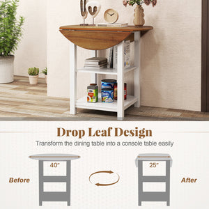 Folding Round Dining Table Drop Leaf Table with 2 Shelves for Small Spaces-White view 9