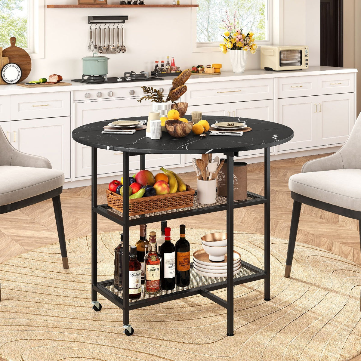 Folding Round Dining Table with Lockable Wheels-Black view 3