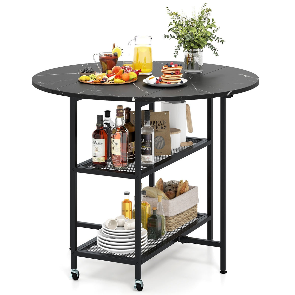 Folding Round Dining Table with Lockable Wheels-Black view 4