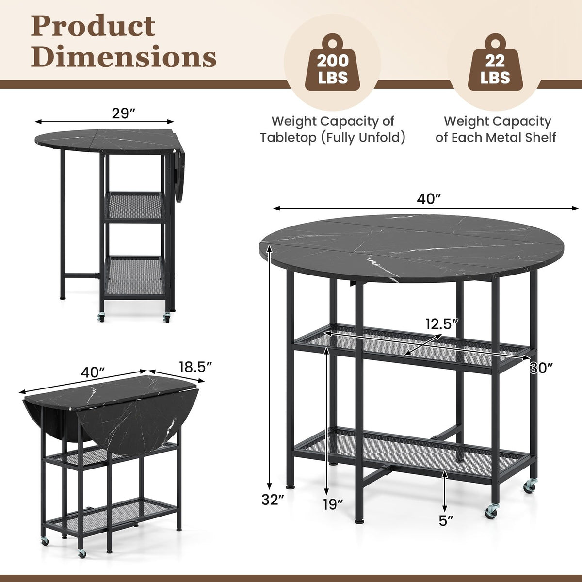 Folding Round Dining Table with Lockable Wheels-Black view 5