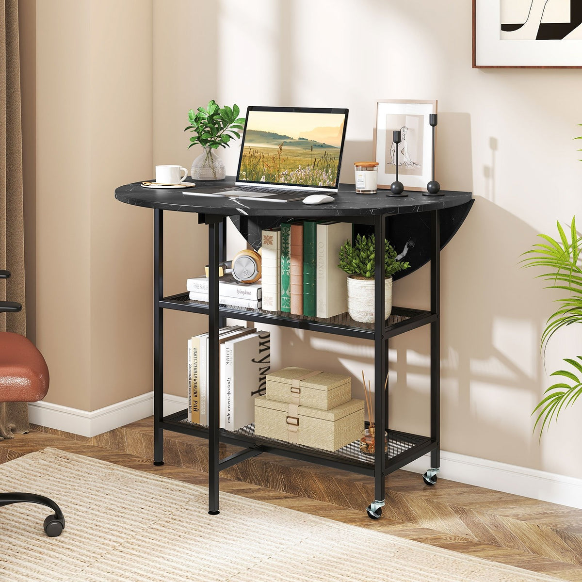 Folding Round Dining Table with Lockable Wheels-Black view 6