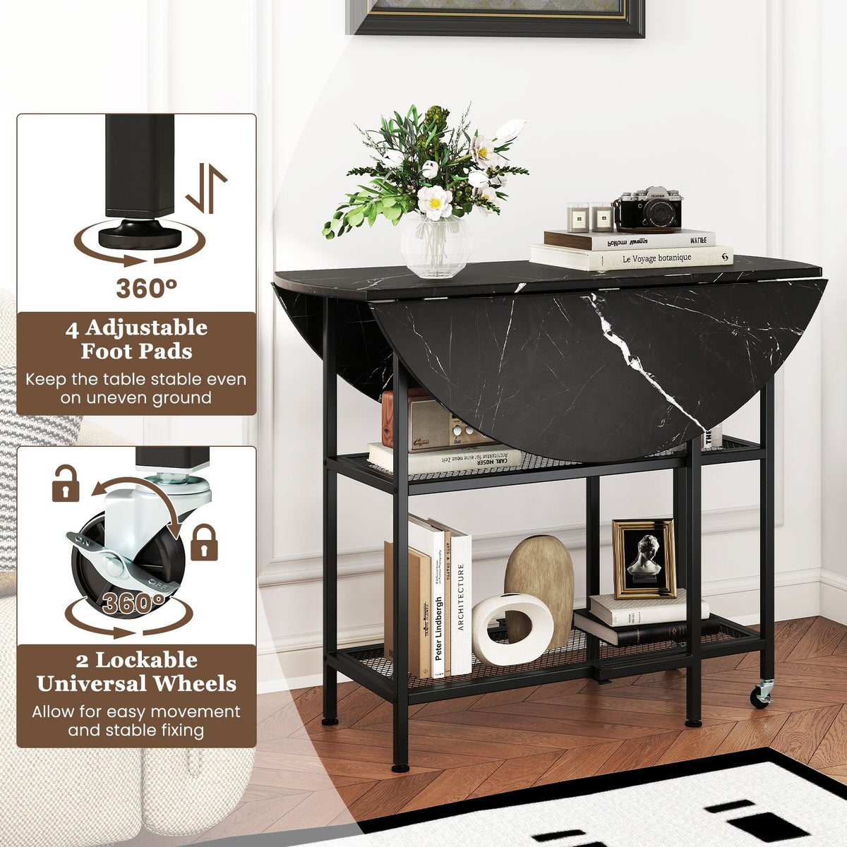 Folding Round Dining Table with Lockable Wheels-Black view 9
