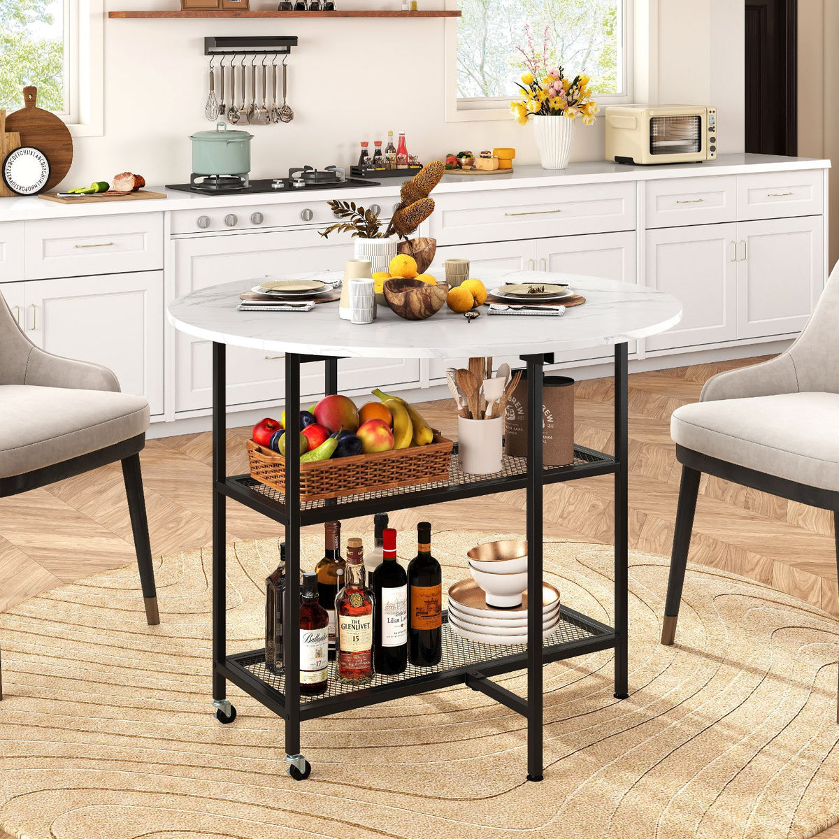 Folding Round Dining Table with Lockable Wheels-White view 2