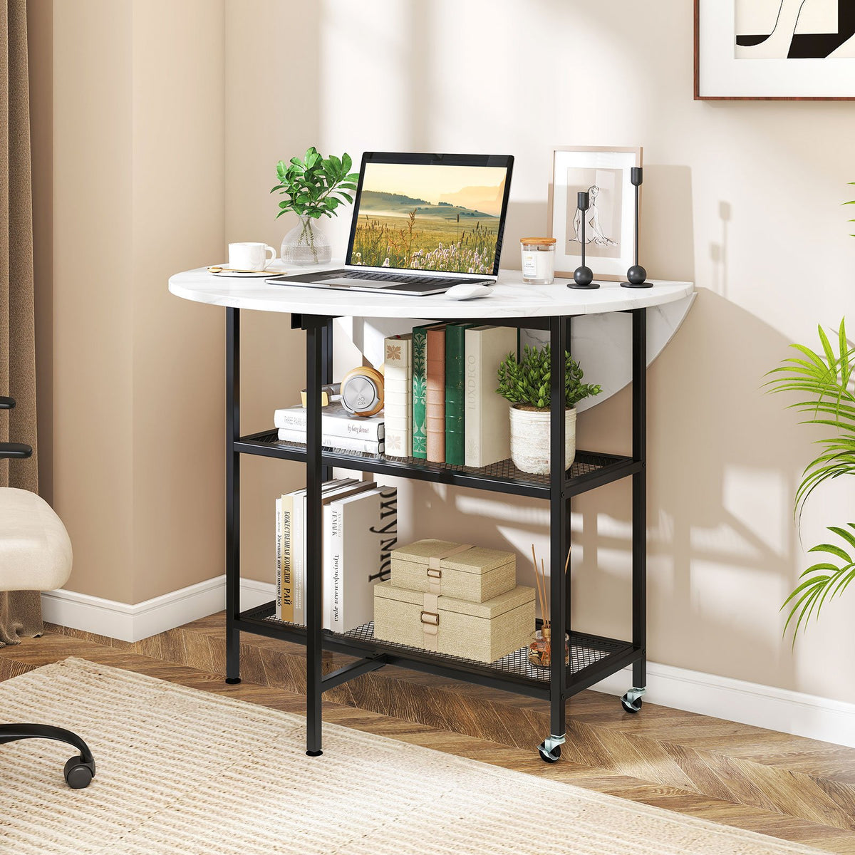 Folding Round Dining Table with Lockable Wheels-White view 3
