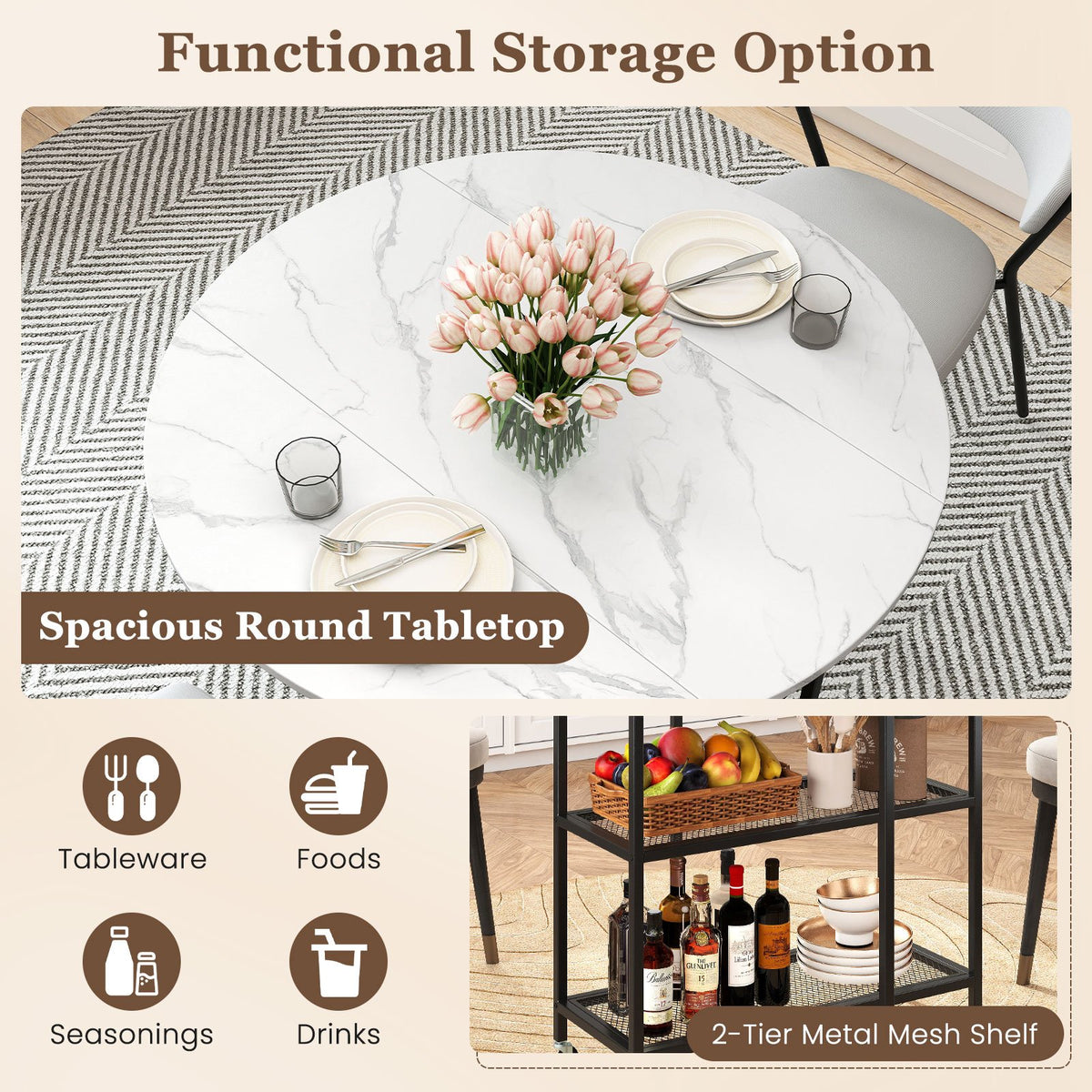 Folding Round Dining Table with Lockable Wheels-White view 6