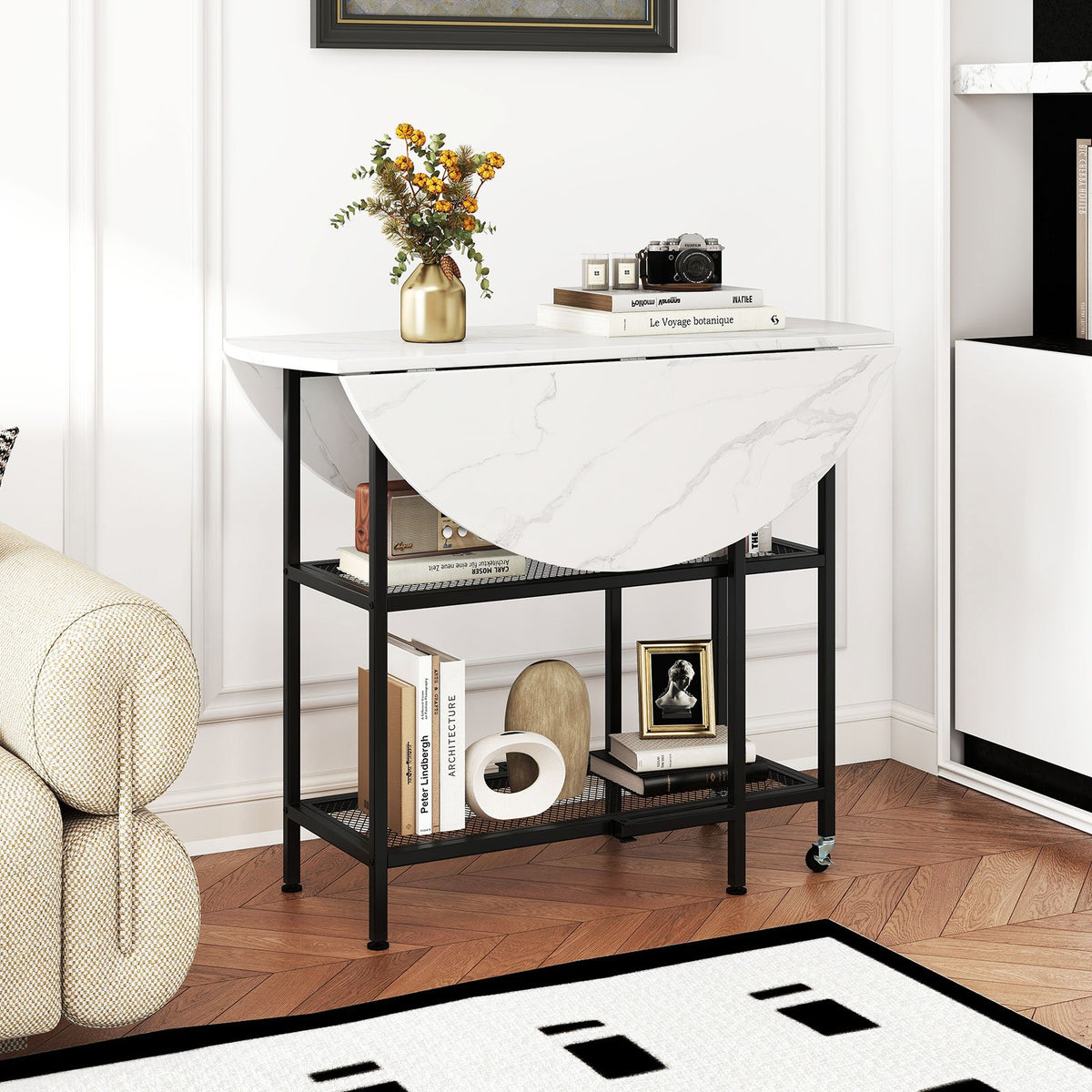 Folding Round Dining Table with Lockable Wheels-White view 9