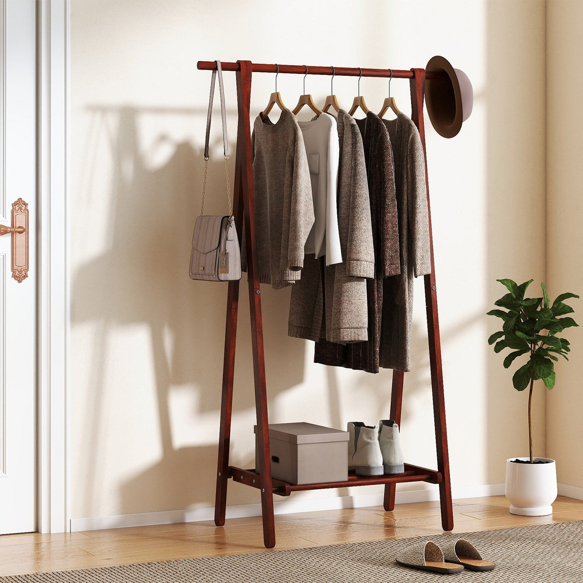 Folding Rubber Wood Clothes Hanging Rack Standing Garment Rack with Bottom Storage Shelf-Walnut view 2