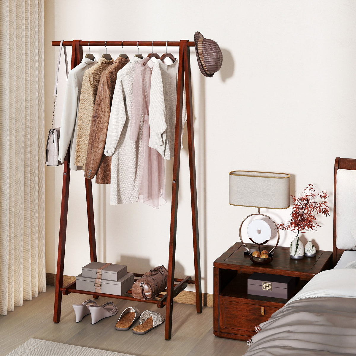 Folding Rubber Wood Clothes Hanging Rack Standing Garment Rack with Bottom Storage Shelf-Walnut view 3
