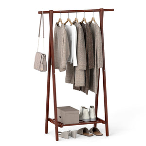 Folding Rubber Wood Clothes Hanging Rack Standing Garment Rack with Bottom Storage Shelf-Walnut view 4