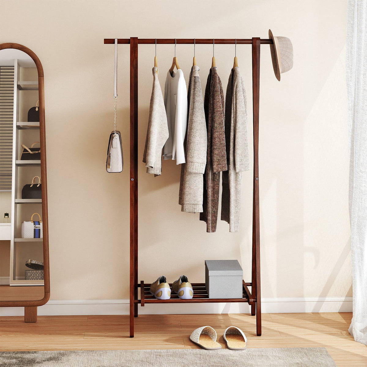 Folding Rubber Wood Clothes Hanging Rack Standing Garment Rack with Bottom Storage Shelf-Walnut view 6