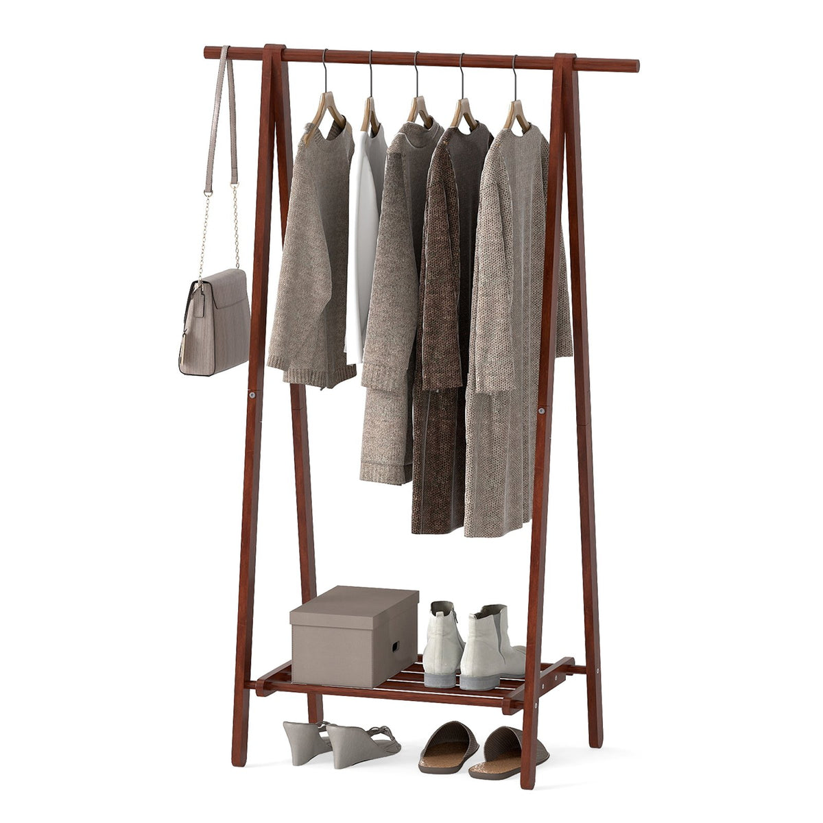 Folding Rubber Wood Clothes Hanging Rack Standing Garment Rack with Bottom Storage Shelf-Walnut view 7