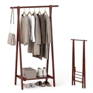 Folding Rubber Wood Clothes Hanging Rack Standing Garment Rack with Bottom Storage Shelf-Walnut view 8