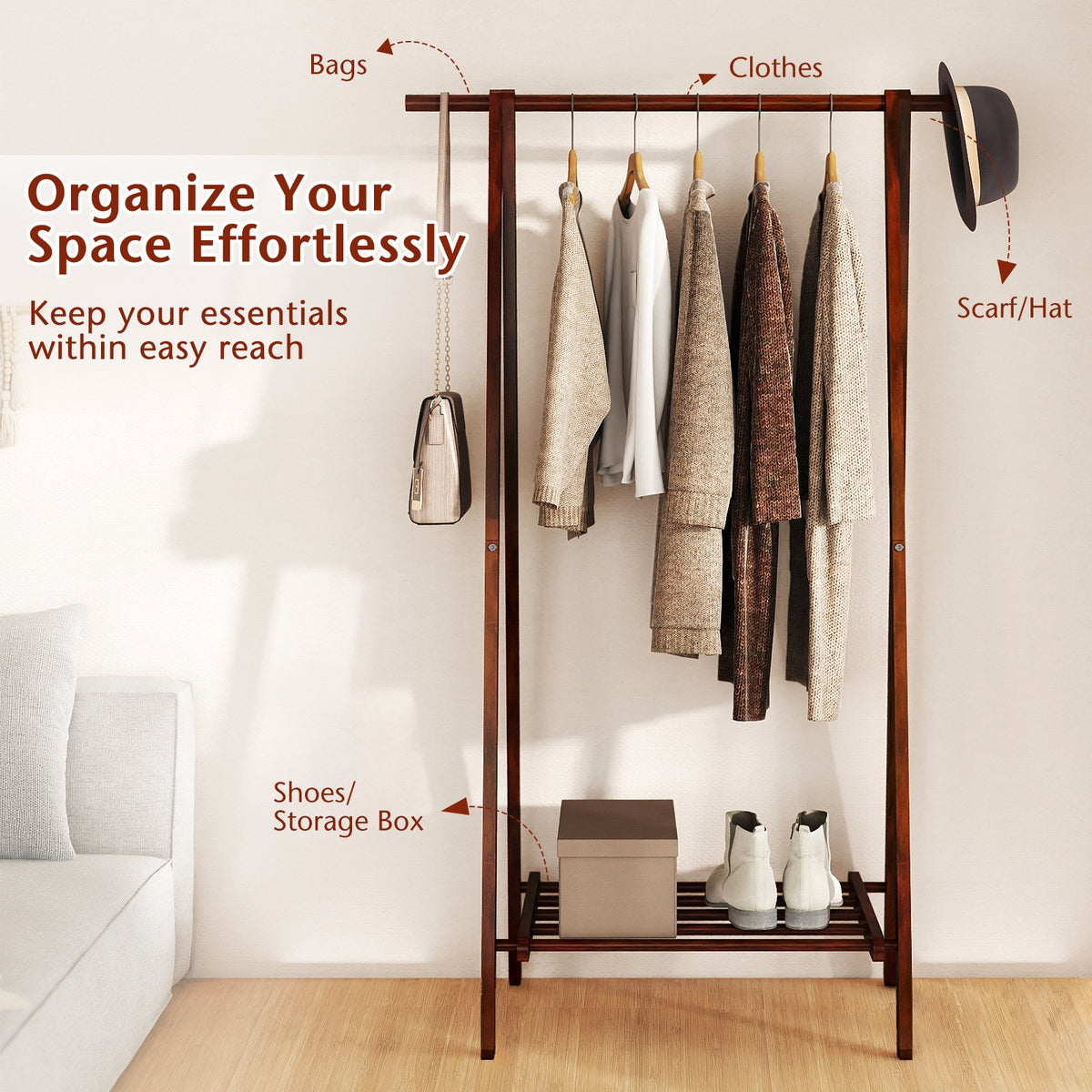 Folding Rubber Wood Clothes Hanging Rack Standing Garment Rack with Bottom Storage Shelf-Walnut view 9
