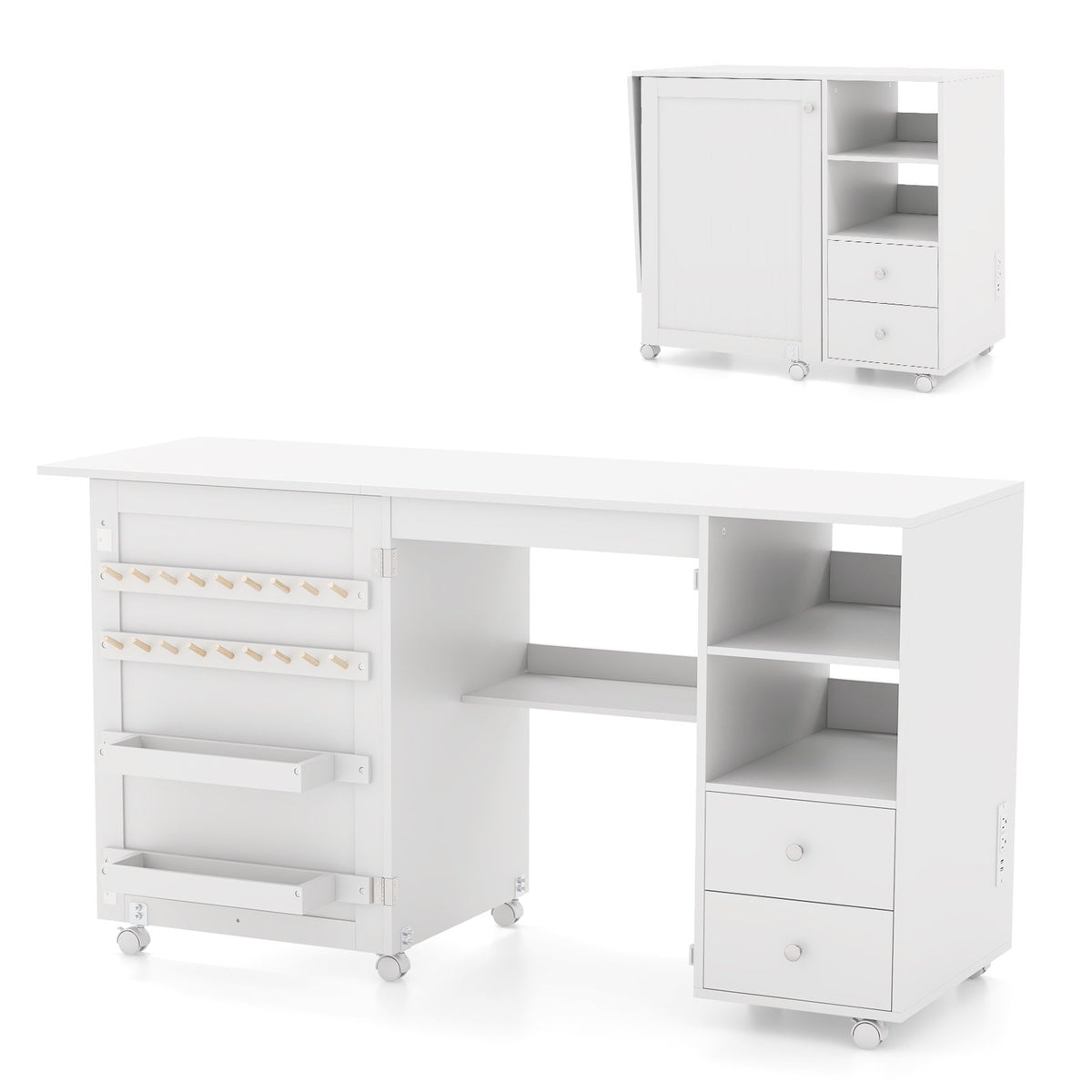 Folding Sewing Table with Charging Station and Storage Shelves-White view 4