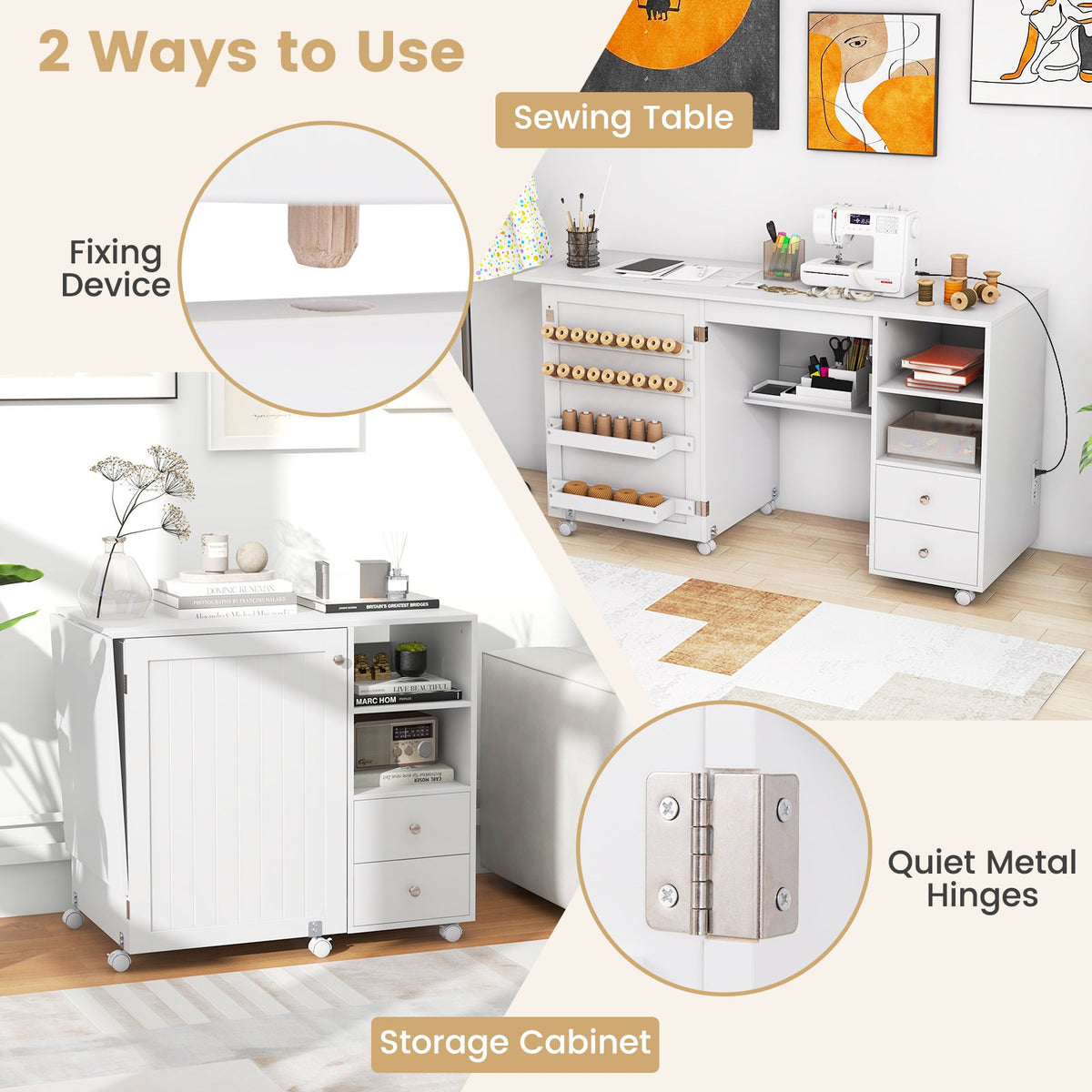Folding Sewing Table with Charging Station and Storage Shelves-White view 6