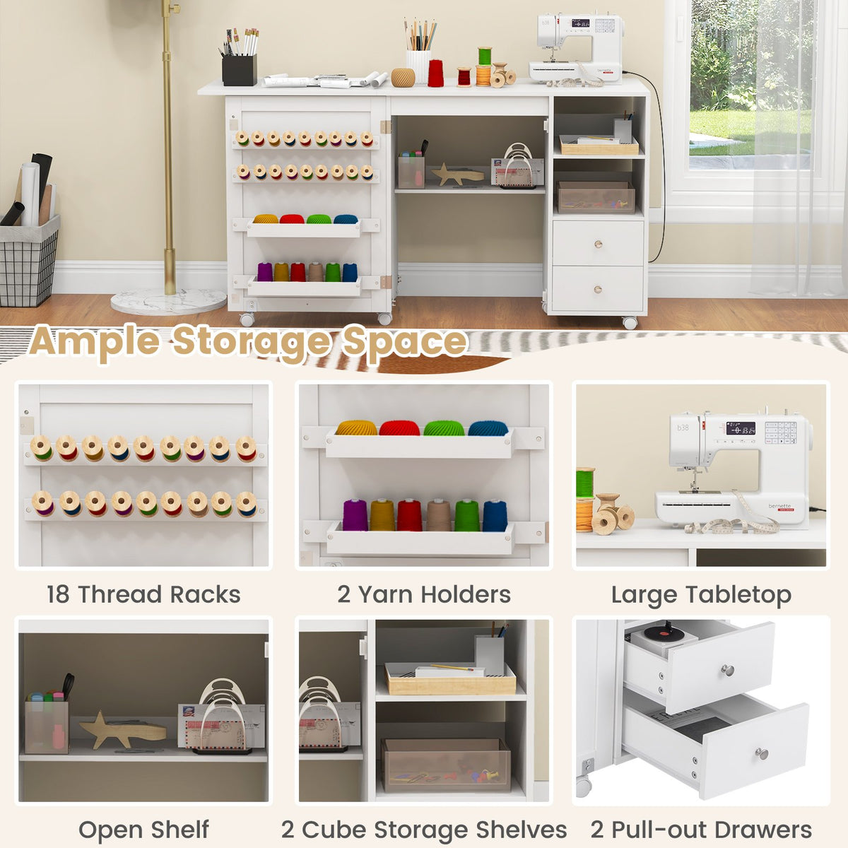 Folding Sewing Table with Charging Station and Storage Shelves-White view 8