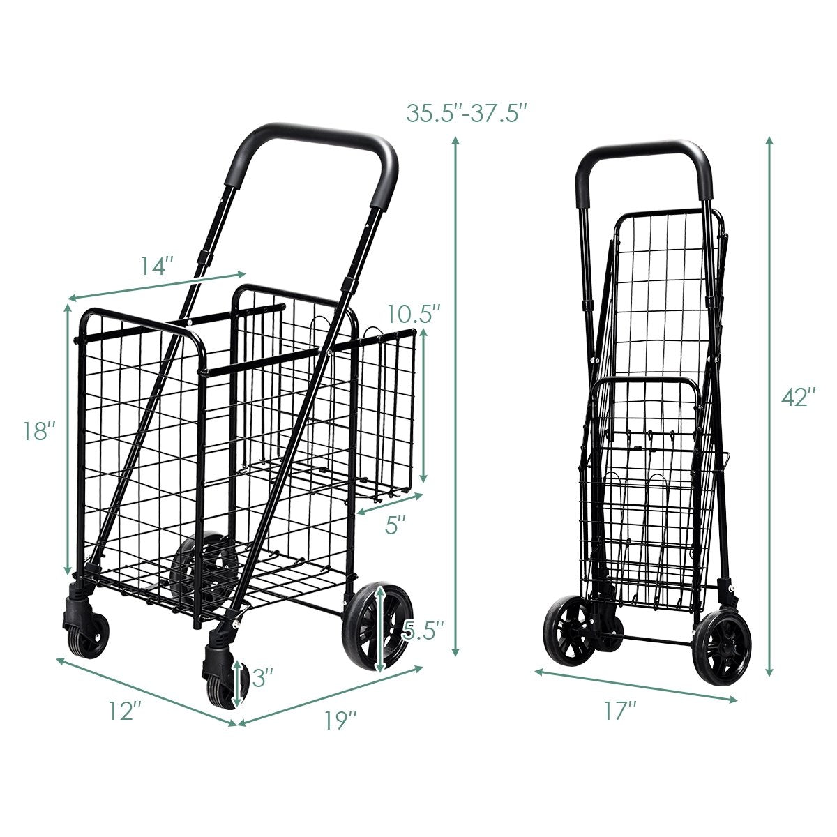 Folding Shopping Cart Basket Rolling Trolley with Adjustable Handle-Black view 4