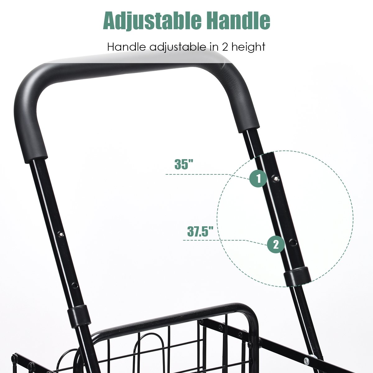 Folding Shopping Cart Basket Rolling Trolley with Adjustable Handle-Black view 5