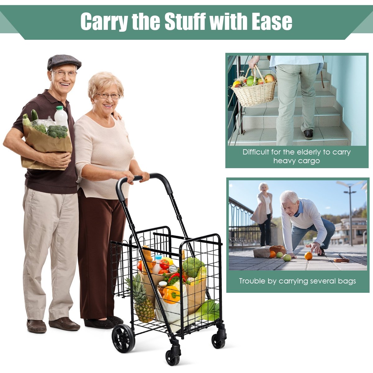 Folding Shopping Cart Basket Rolling Trolley with Adjustable Handle-Black view 7