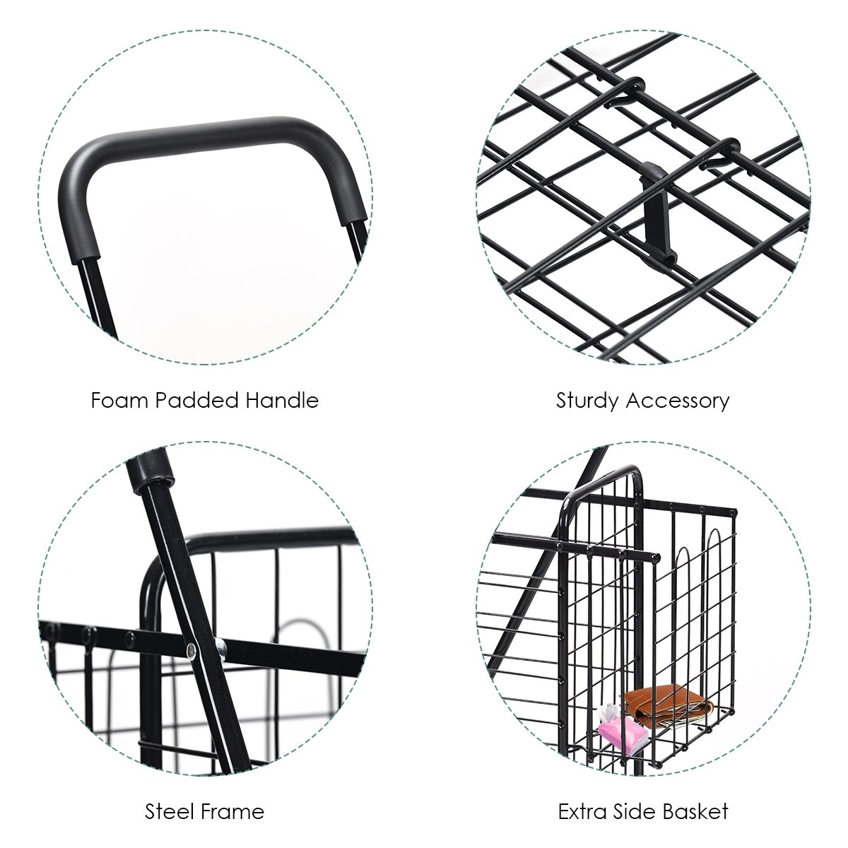 Folding Shopping Cart Basket Rolling Trolley with Adjustable Handle-Black view 8