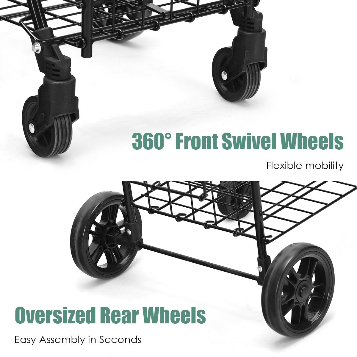 Folding Shopping Cart Basket Rolling Trolley with Adjustable Handle-Black view 9