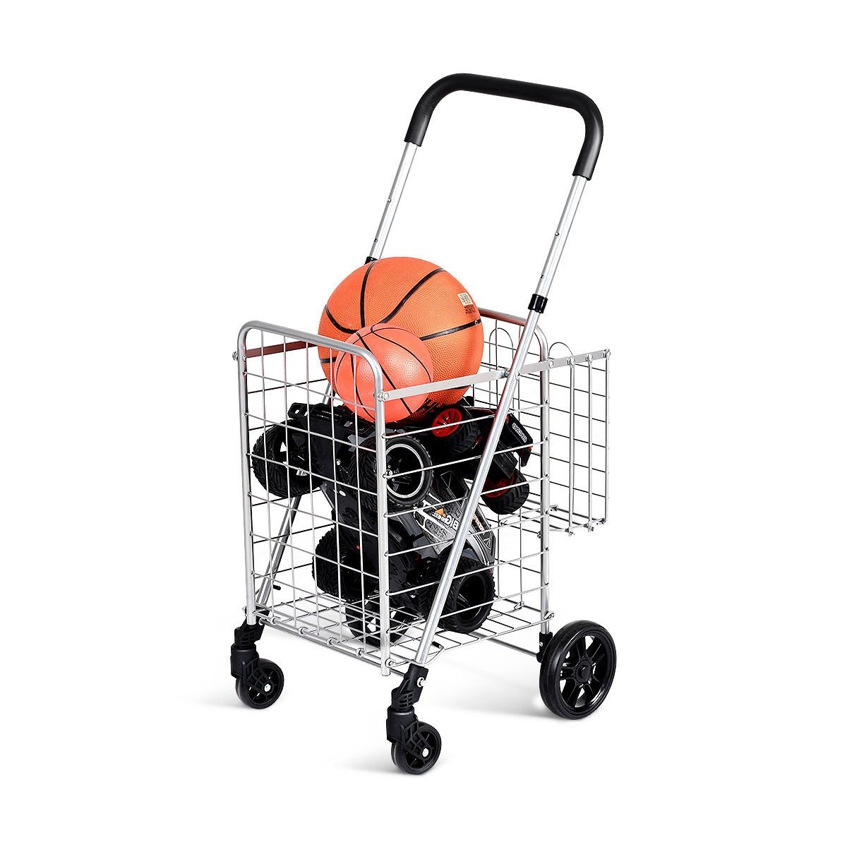 Folding Shopping Cart Basket Rolling Trolley with Adjustable Handle-Silver view 2