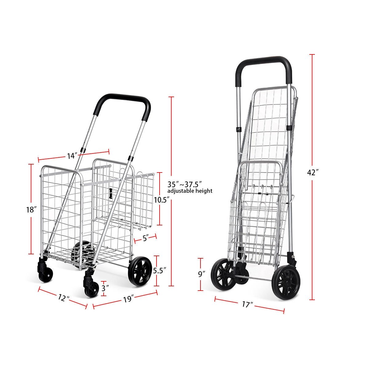 Folding Shopping Cart Basket Rolling Trolley with Adjustable Handle-Silver view 4