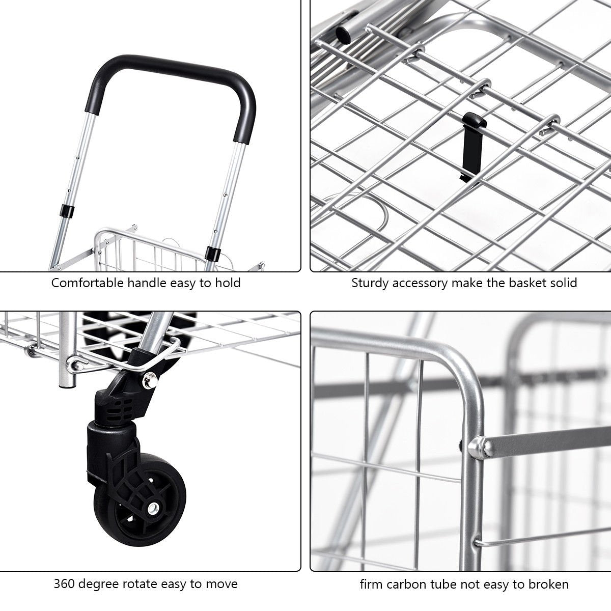 Folding Shopping Cart Basket Rolling Trolley with Adjustable Handle-Silver view 5