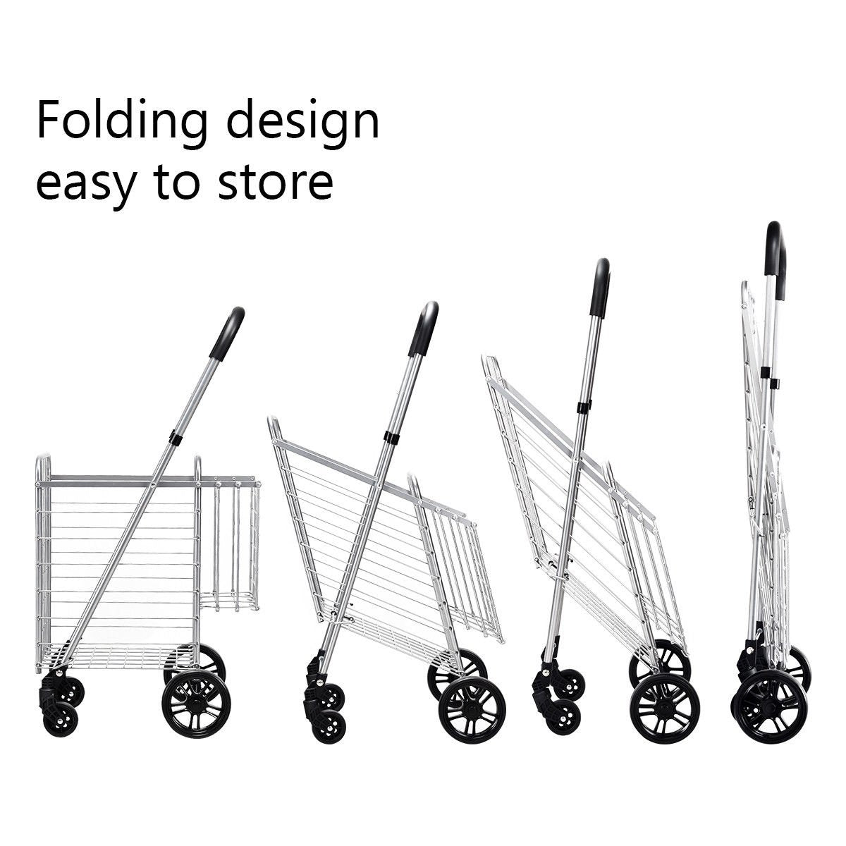 Folding Shopping Cart Basket Rolling Trolley with Adjustable Handle-Silver view 8