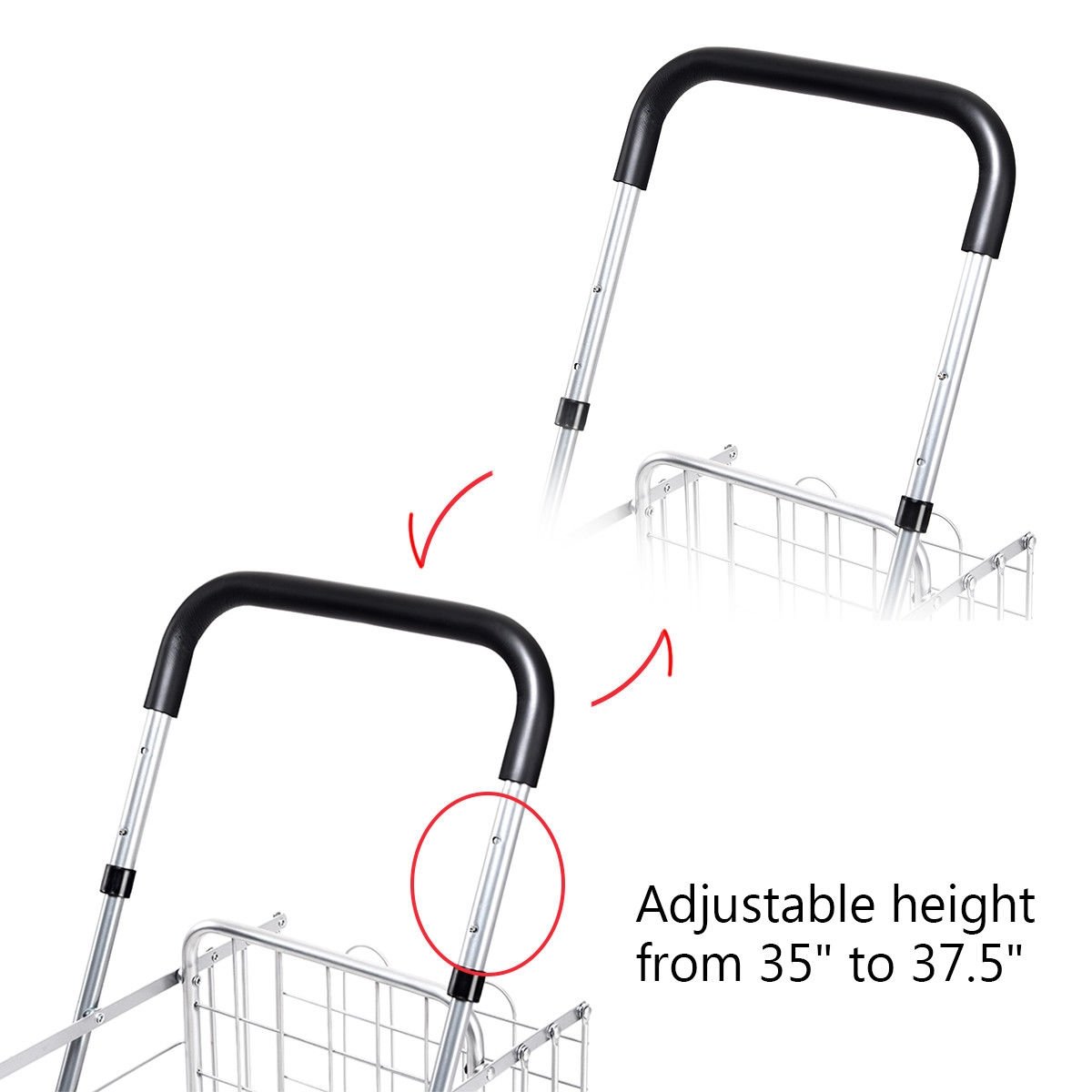 Folding Shopping Cart Basket Rolling Trolley with Adjustable Handle-Silver view 9