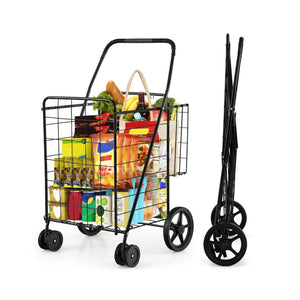Folding Shopping Cart for Laundry with Swiveling Wheels and Dual Storage Baskets-Black view 4