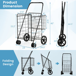 Folding Shopping Cart for Laundry with Swiveling Wheels and Dual Storage Baskets-Black view 5