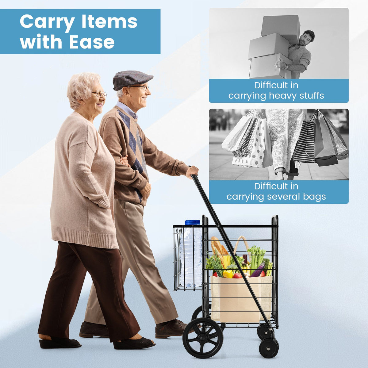 Folding Shopping Cart for Laundry with Swiveling Wheels and Dual Storage Baskets-Black view 6