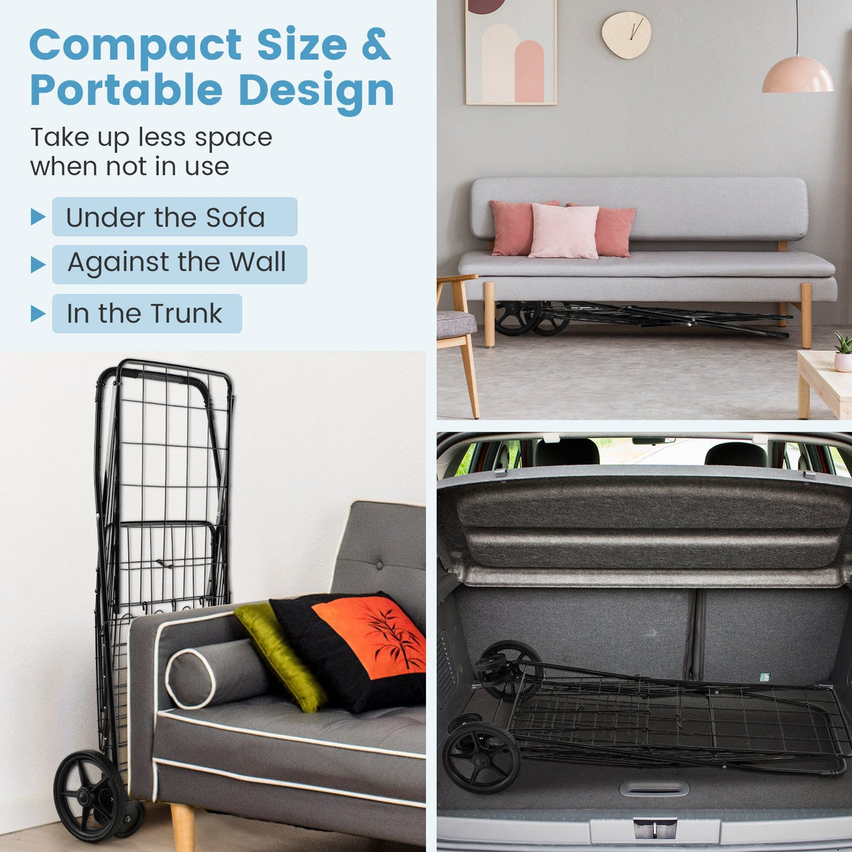 Folding Shopping Cart for Laundry with Swiveling Wheels and Dual Storage Baskets-Black view 7