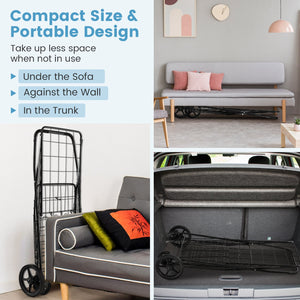 Folding Shopping Cart for Laundry with Swiveling Wheels and Dual Storage Baskets-Black view 7