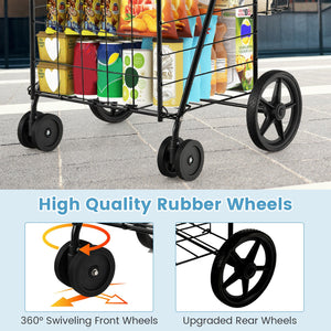 Folding Shopping Cart for Laundry with Swiveling Wheels and Dual Storage Baskets-Black view 8