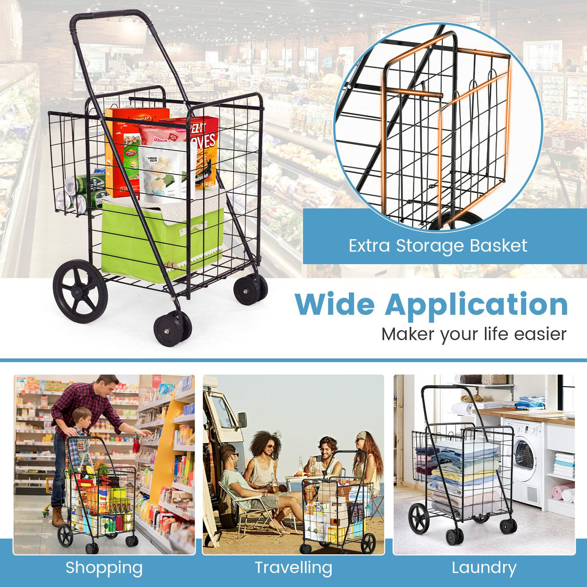 Folding Shopping Cart for Laundry with Swiveling Wheels and Dual Storage Baskets-Black view 9