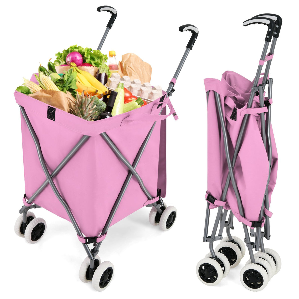 Folding Shopping Utility Cart with Water-Resistant Removable Canvas Bag-Pink