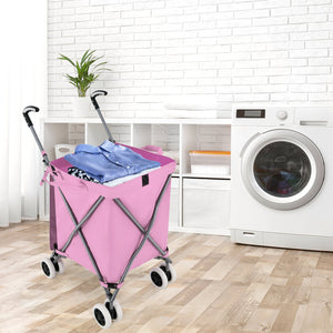 Folding Shopping Utility Cart with Water-Resistant Removable Canvas Bag-Pink view 3