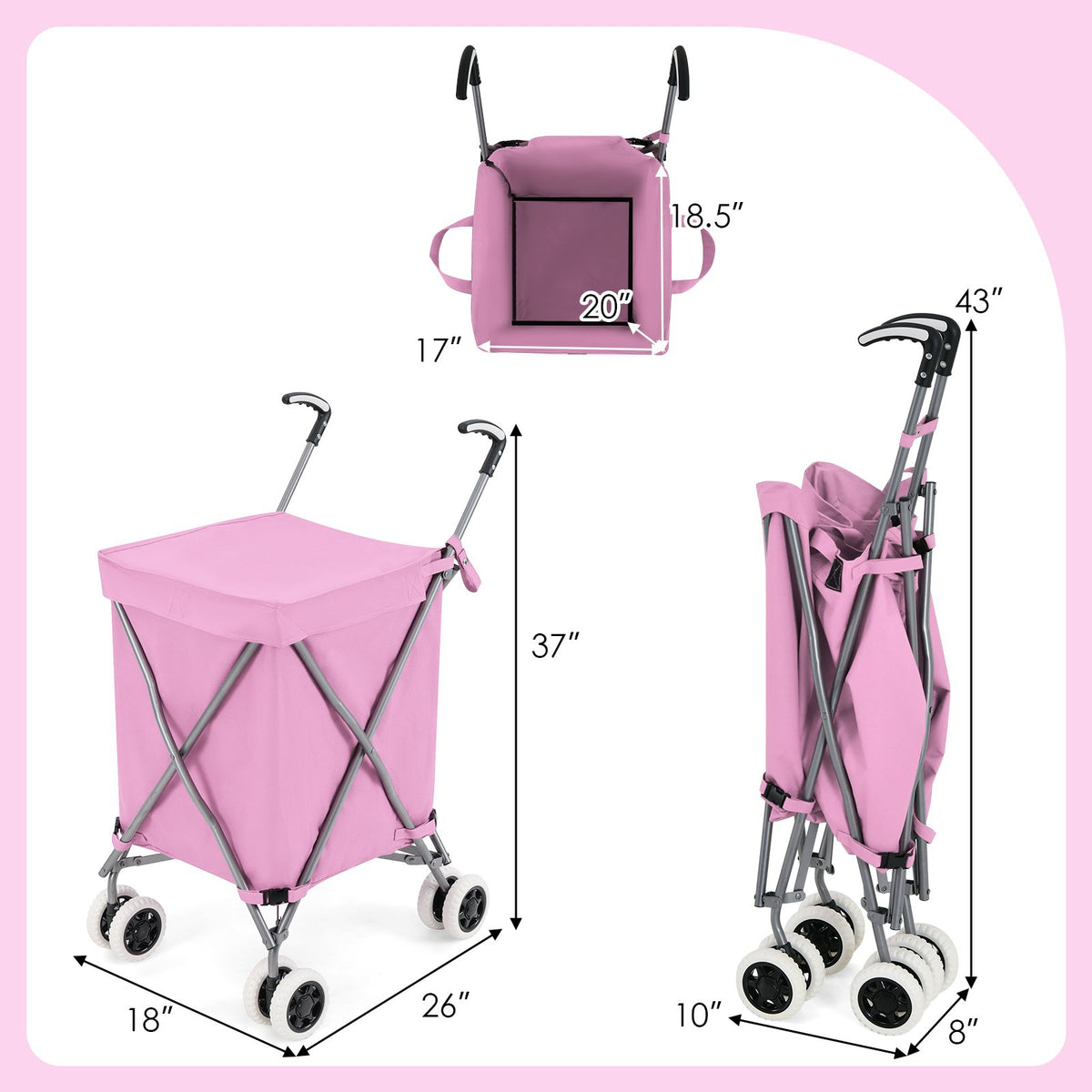Folding Shopping Utility Cart with Water-Resistant Removable Canvas Bag-Pink view 4