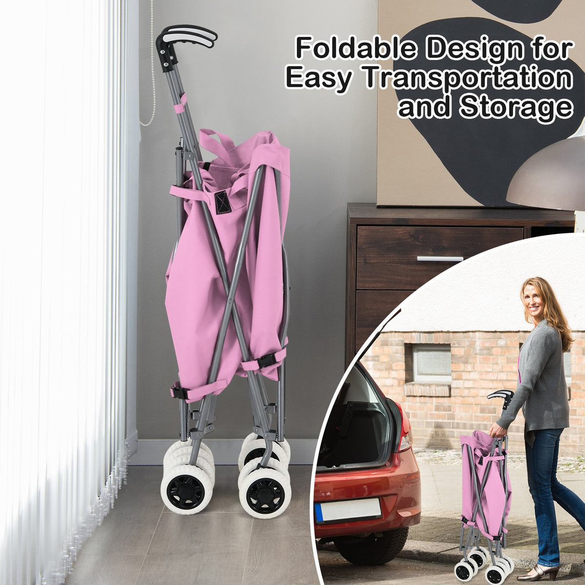 Folding Shopping Utility Cart with Water-Resistant Removable Canvas Bag-Pink view 5