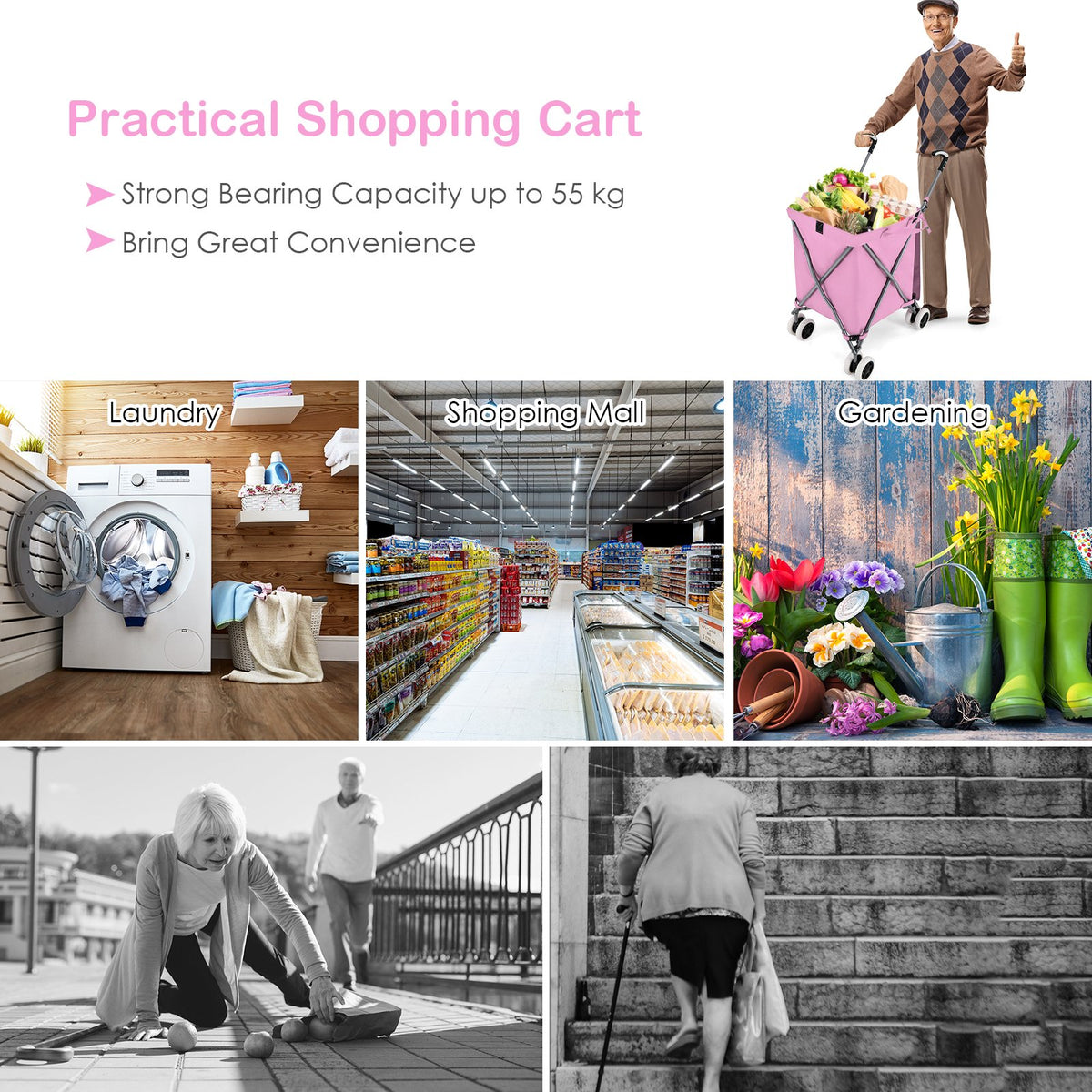 Folding Shopping Utility Cart with Water-Resistant Removable Canvas Bag-Pink view 7
