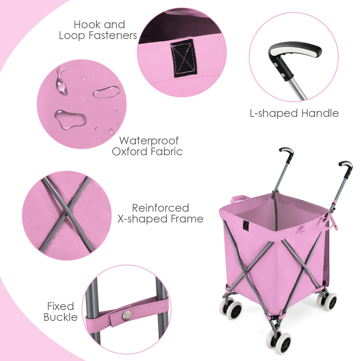 Folding Shopping Utility Cart with Water-Resistant Removable Canvas Bag-Pink view 8