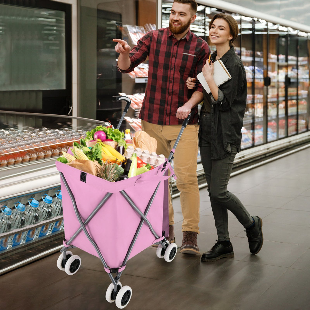 Folding Shopping Utility Cart with Water-Resistant Removable Canvas Bag-Pink view 9