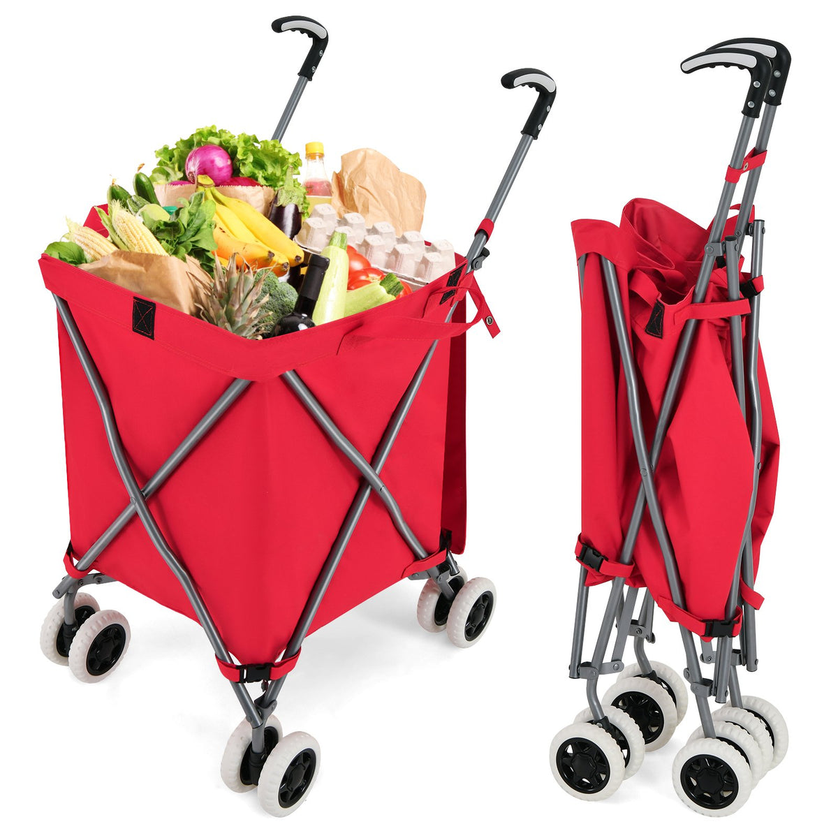 Folding Shopping Utility Cart with Water-Resistant Removable Canvas Bag-Red