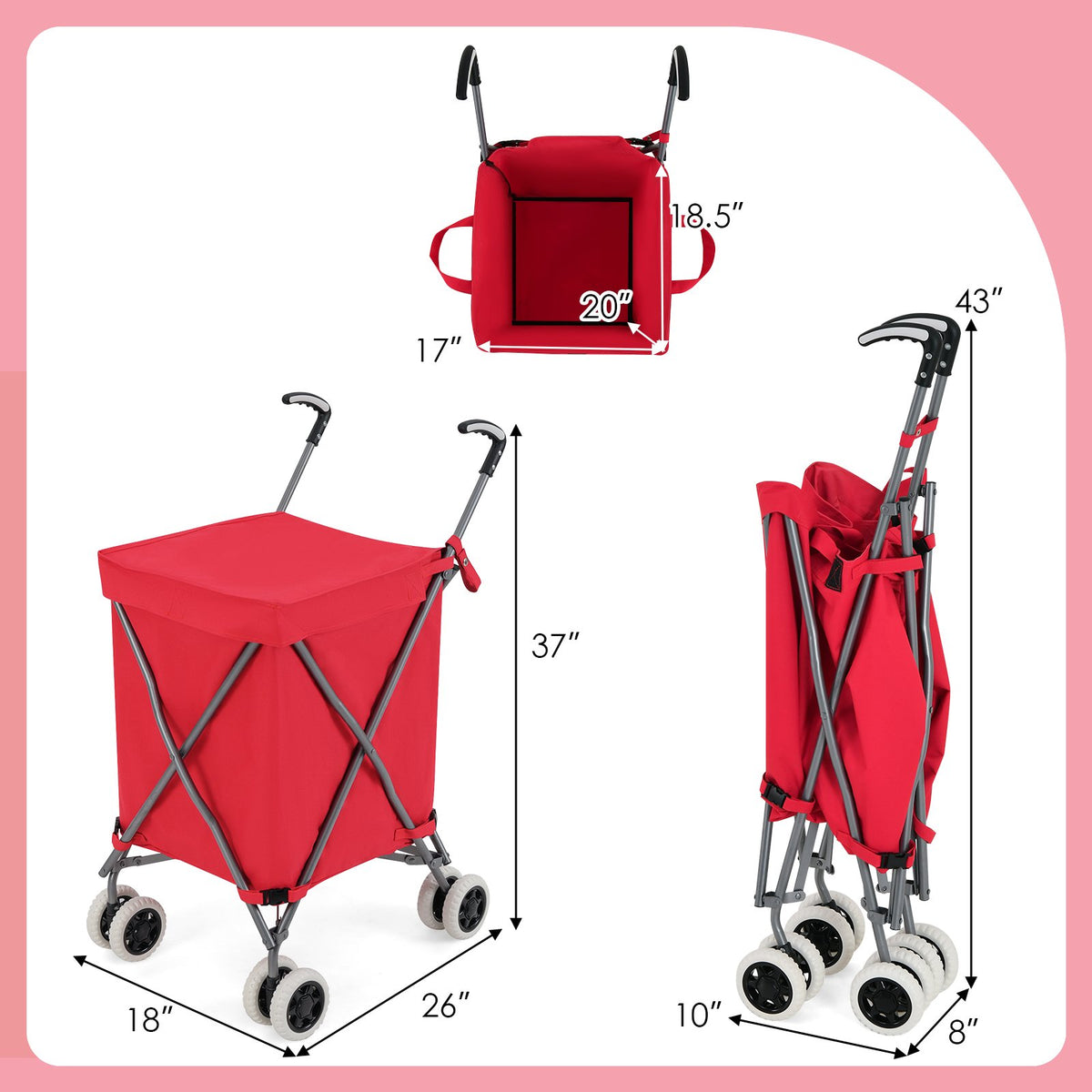Folding Shopping Utility Cart with Water-Resistant Removable Canvas Bag-Red view 4