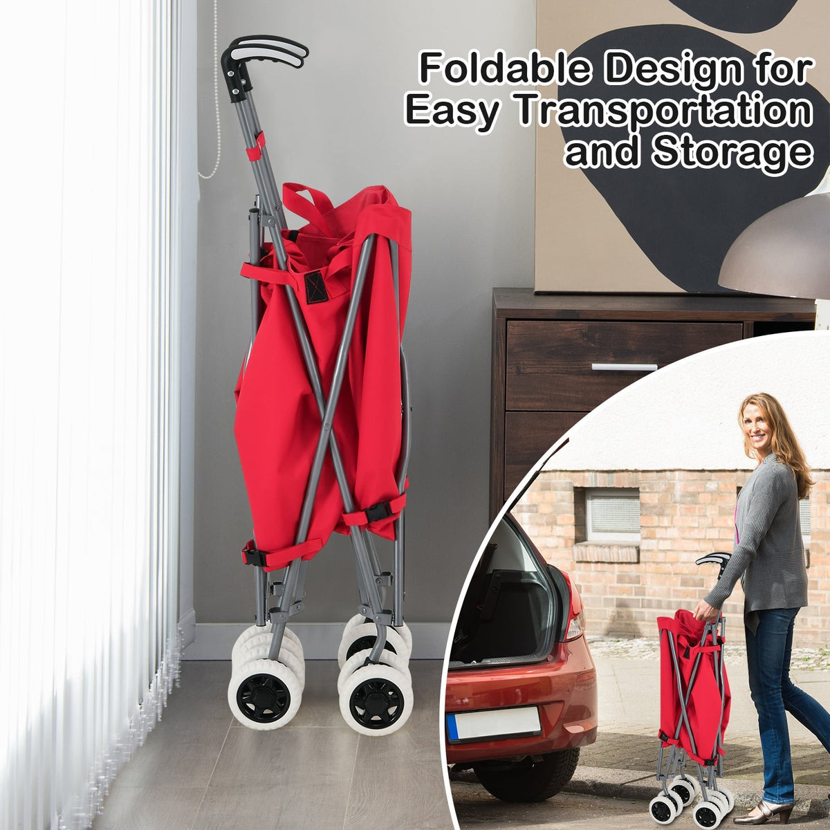 Folding Shopping Utility Cart with Water-Resistant Removable Canvas Bag-Red view 5