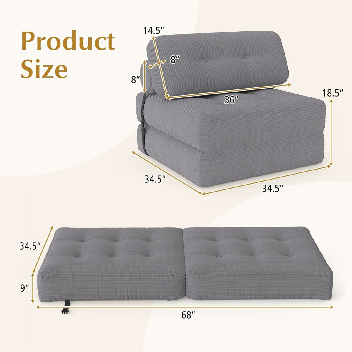 Folding Sofa Bed with Pillow and Back Support for Living Room-Gray view 4